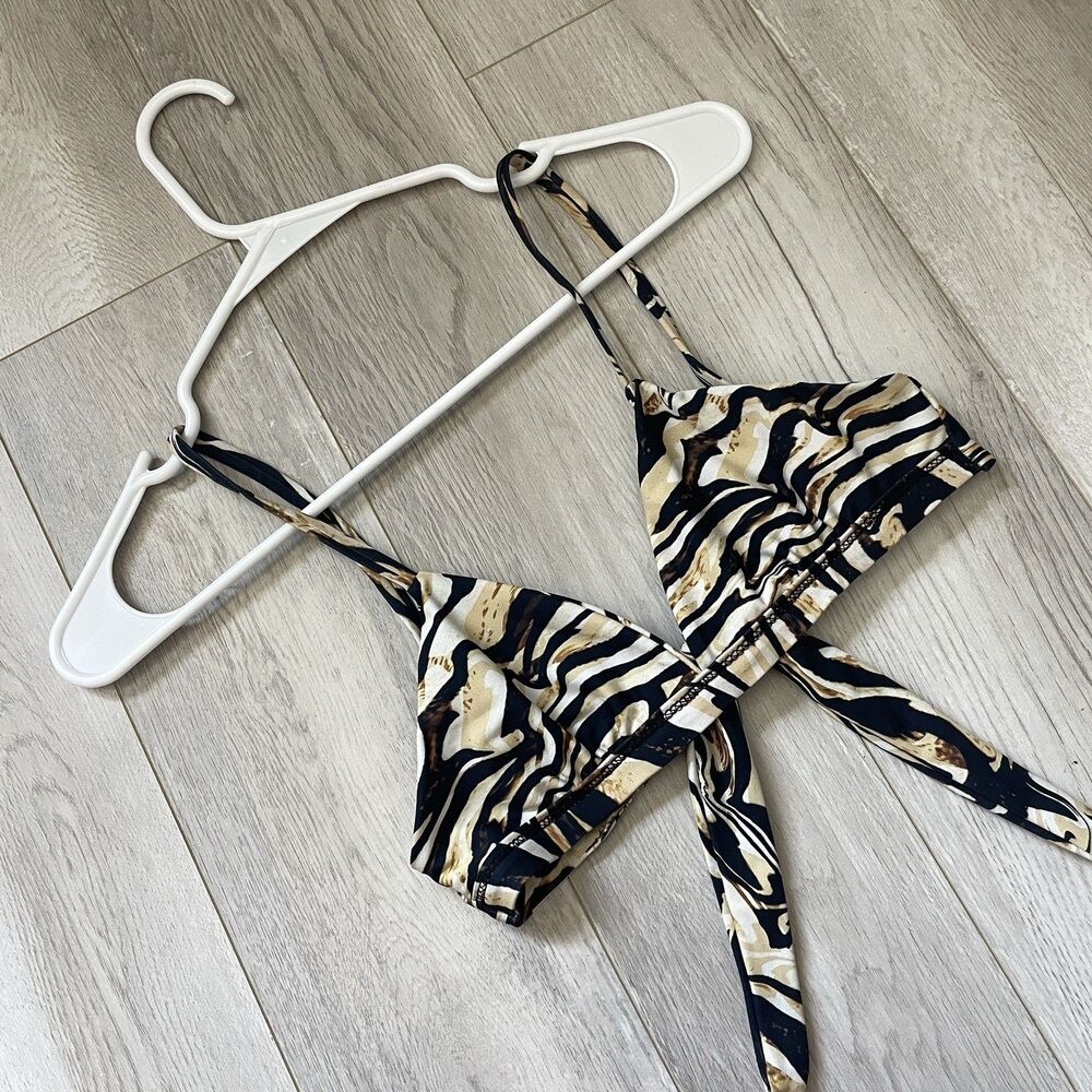 Skatie Bikini Top marble zebra print triangle womens Black Gold small swim beach